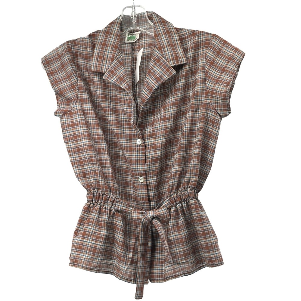 Casey's Place Women's Blouse Plaid Brown Vintage 1970s Small